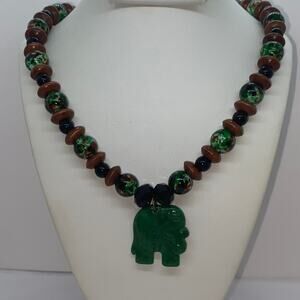 Handmade Bead Black Brown Green Elephant Necklace